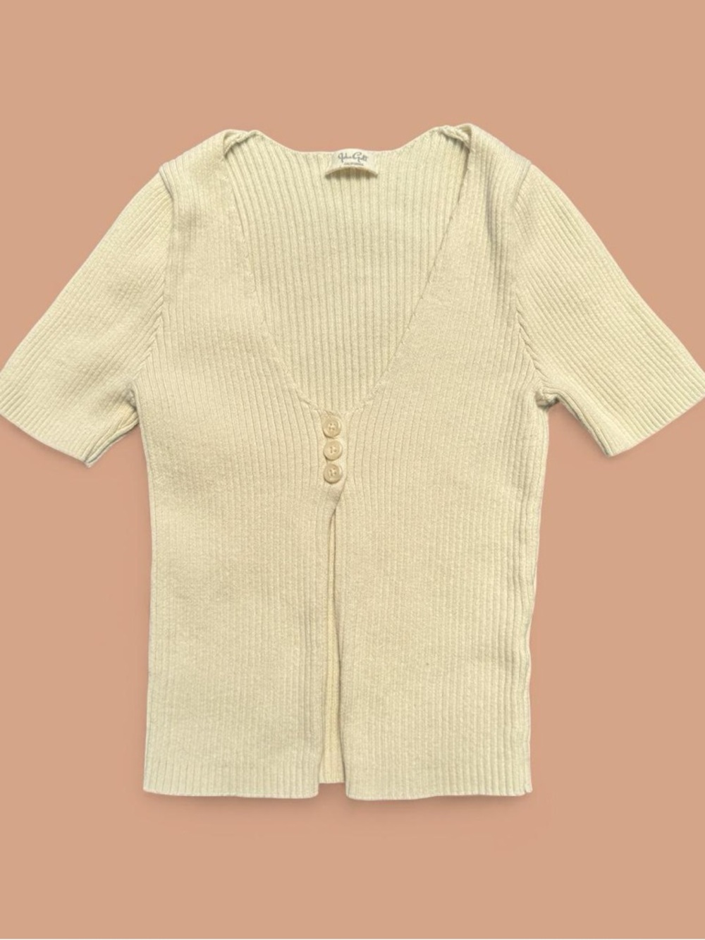 John Galt Cream Short Sleeve Button Up Sweater top